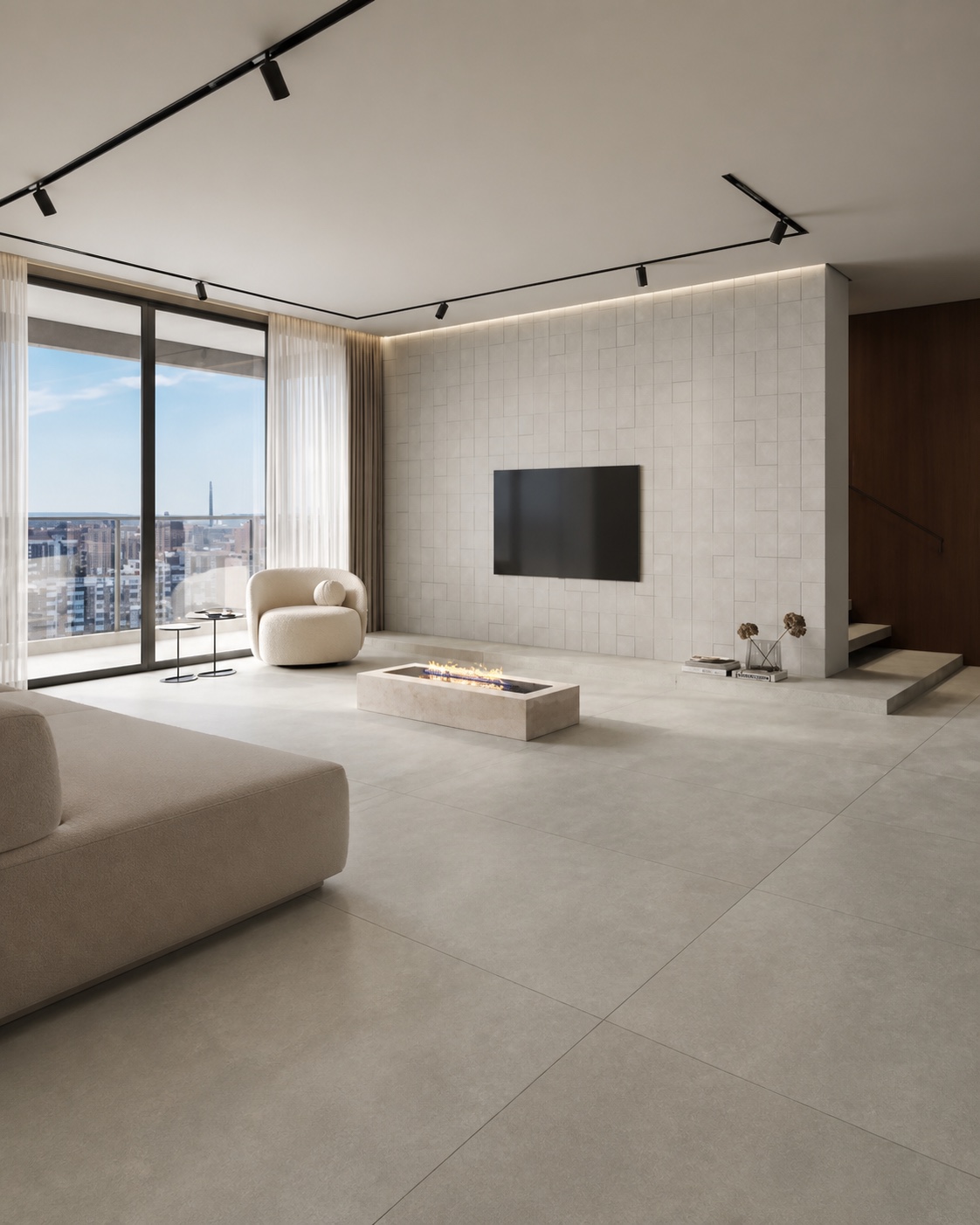 Sala contemporânea com porcelanato Portinari Città em grande formato