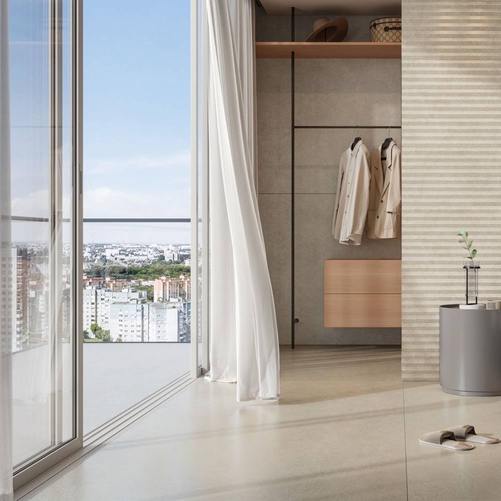 Ambiente contemporâneo com porcelanato Portinari em tons claros