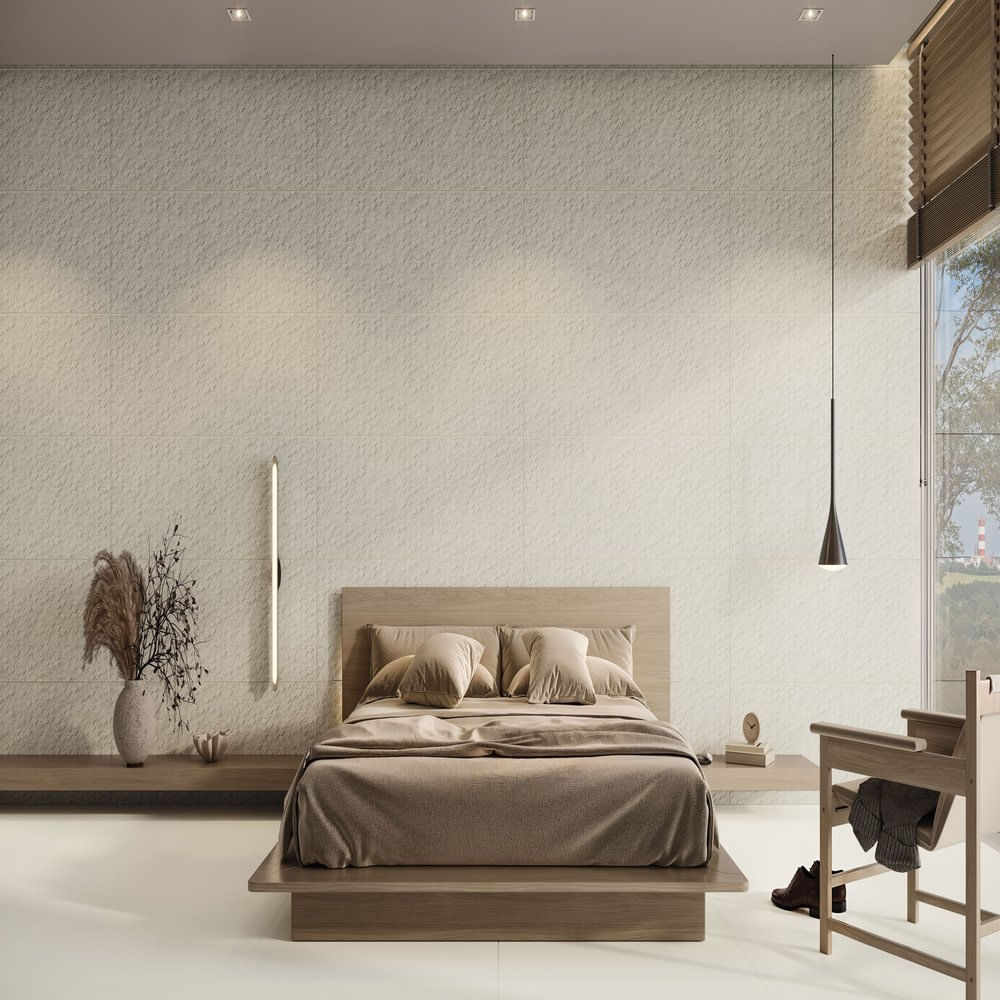 Quarto com porcelanato Portinari Santorini em tons claros